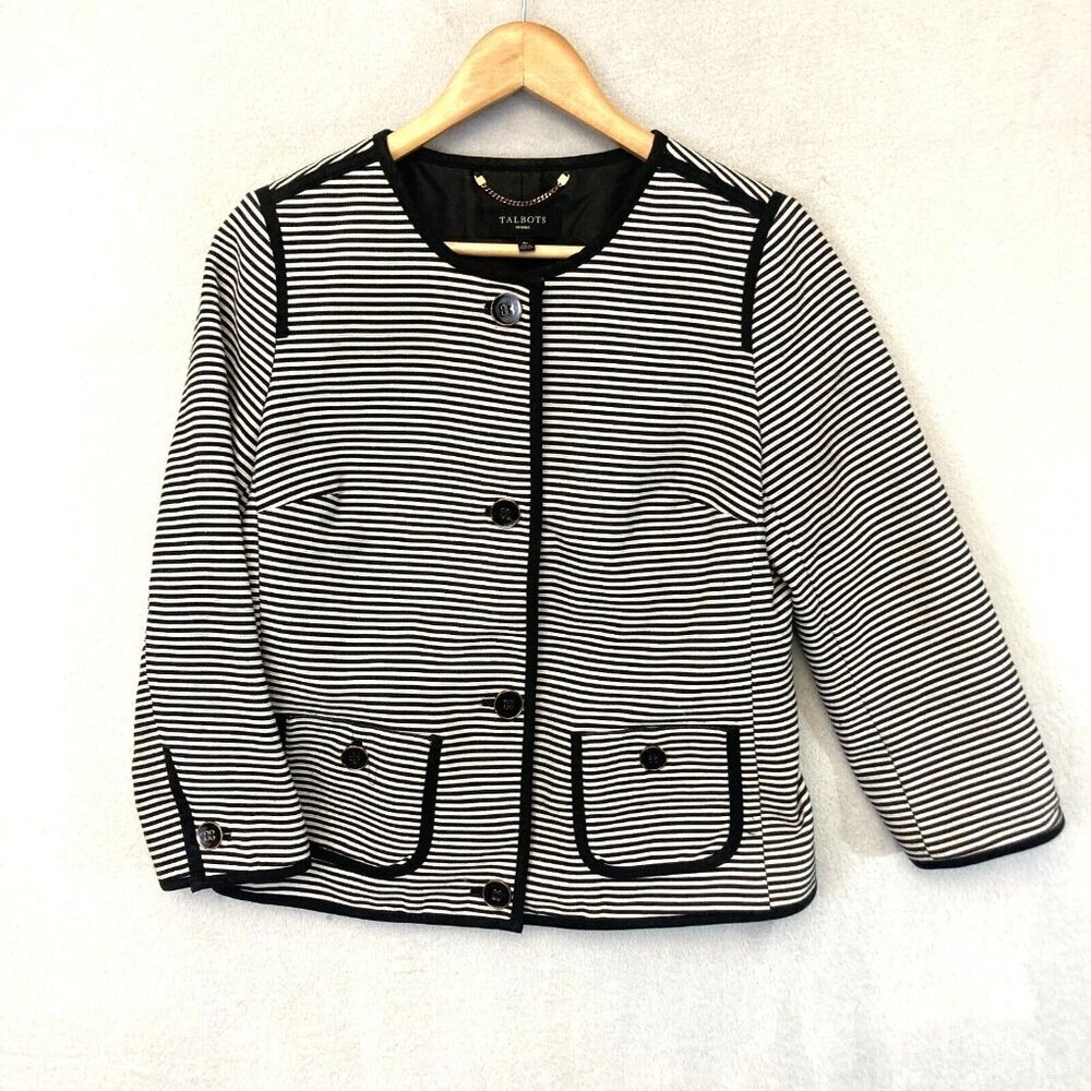 Talbots Button Up Blazer Jacket Womens 8P 8 Petite Navy Blue Office Coastal EUC